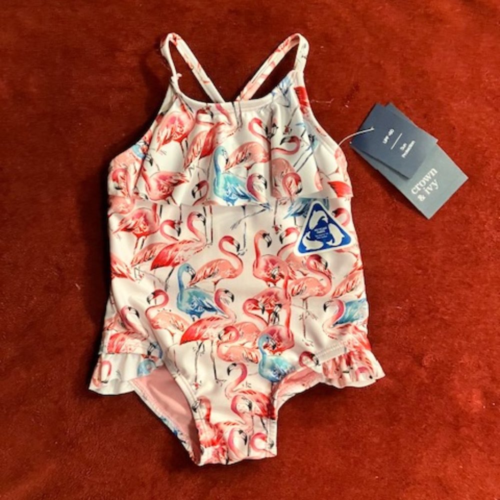 NWT! CROWN & IVY BABY Adorable PINK FLAMINGO Swim Suit -Baby Size 18 Months-NEW!